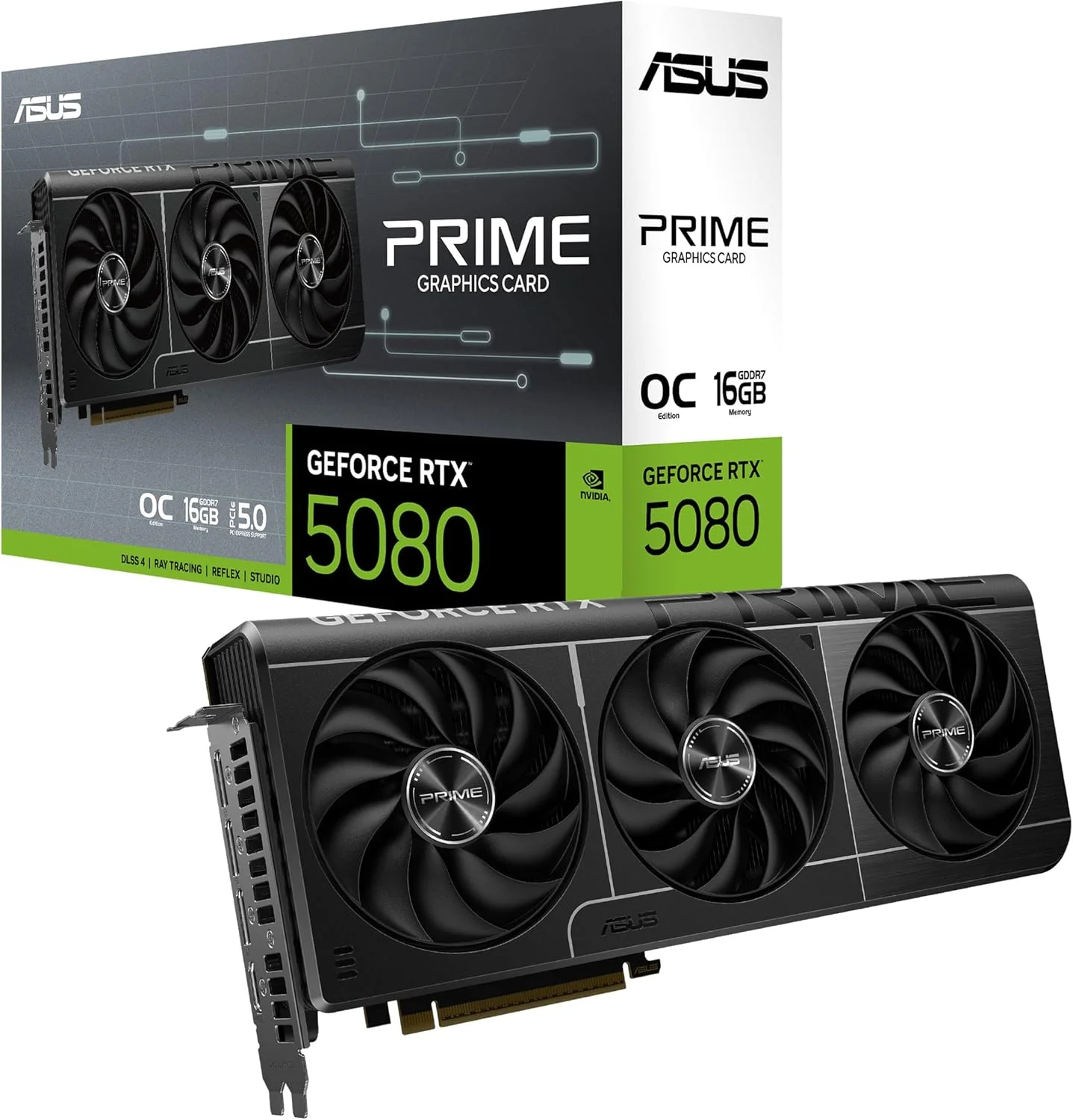 کارت گرافیک ایسوس Prime GeForce RTX™ 5080 OC Edition با 16 گیگابایت حافظه GDDR7 (PCIe® 5.0, 16GB GDDR7, HDMI®/DP 2.1, 2.5-اسلات, فن های Axial-tech, محفظه بخار, بایوس دوگانه)