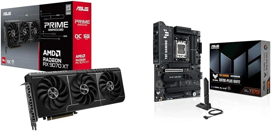 باندل کارت گرافیک ایسوس Prime Radeon™ RX 9070 XT OC Edition + مادربرد ایسوس TUF Gaming X870E-PLUS WIFI7 AMD ATX با وای فای 7