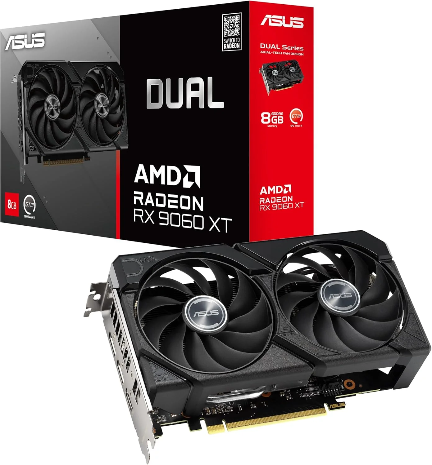 کارت گرافیک گیمینگ ایسوس Dual Radeon RX9060XT 8G GDDR6 (AMD Radeon RX9060XT، معماری AMD RDNA 4، طراحی 2.5 اسلات، بایوس دوگانه، PCIe 5.0، 1x HMDI 2.1b، 2X DisplayPort 2.1a، DUAL-RX9060XT-8G)