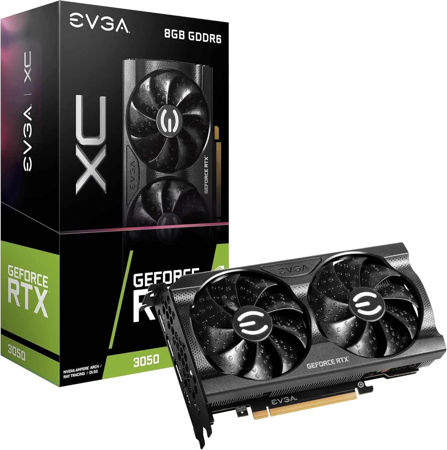کارت گرافیک EVGA GeForce RTX 3050 XC Gaming، 08G-P5-3553-KR، با 8 گیگابایت حافظه GDDR6، دو فن، دارای صفحه پشتی فلزی