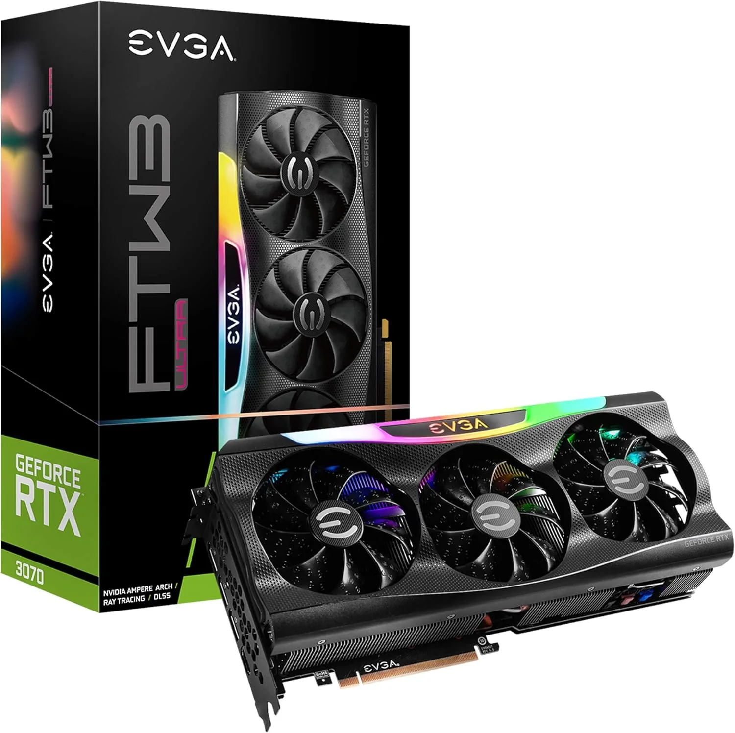 کارت گرافیک EVGA GeForce RTX 3070 FTW3 Ultra Gaming، 08G-P5-3767-KL، 8GB GDDR6، فناوری iCX3، نورپردازی ARGB LED، دارای صفحه پشتی فلزی، LHR (بازسازی شده)