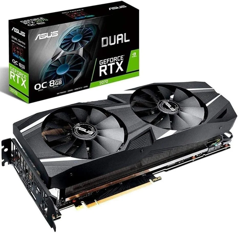 کارت گرافیک ایسوس GeForce RTX 2070 اورکلاک شده 8G GDDR6 با دو فن، مناسب واقعیت مجازی، دارای HDMI DP 1.4 USB Type-C برای بازی (DUAL-RTX-2070-O8G)