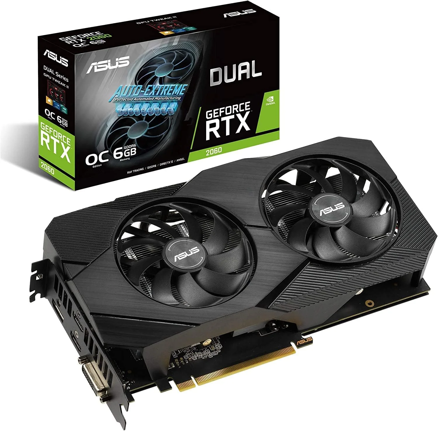 کارت گرافیک ایسوس GeForce RTX 2060 اورکلاک شده 6G GDDR6 دو فن EVO Edition VR Ready HDMI DisplayPort DVI (DUAL-RTX2060-O6G-EVO)
