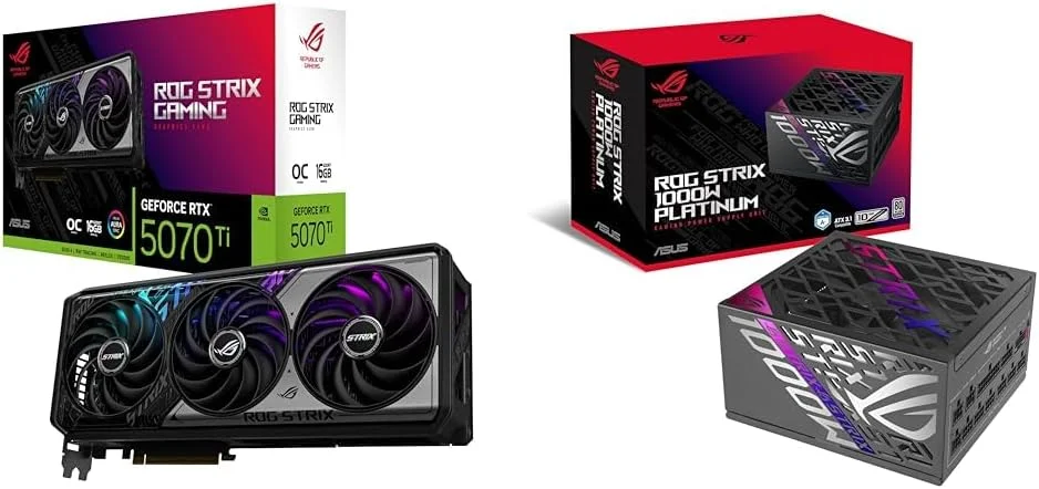 باندل کارت گرافیک ایسوس ROG Strix RTX 5070 Ti OC Edition با 16 گیگابایت حافظه GDDR7 + منبع تغذیه 1000 واتی ایسوس ROG Strix پلاتینیوم (کاملاً ماژولار، دارای گواهینامه 80 Plus پلاتینیوم، ATX 3.1)