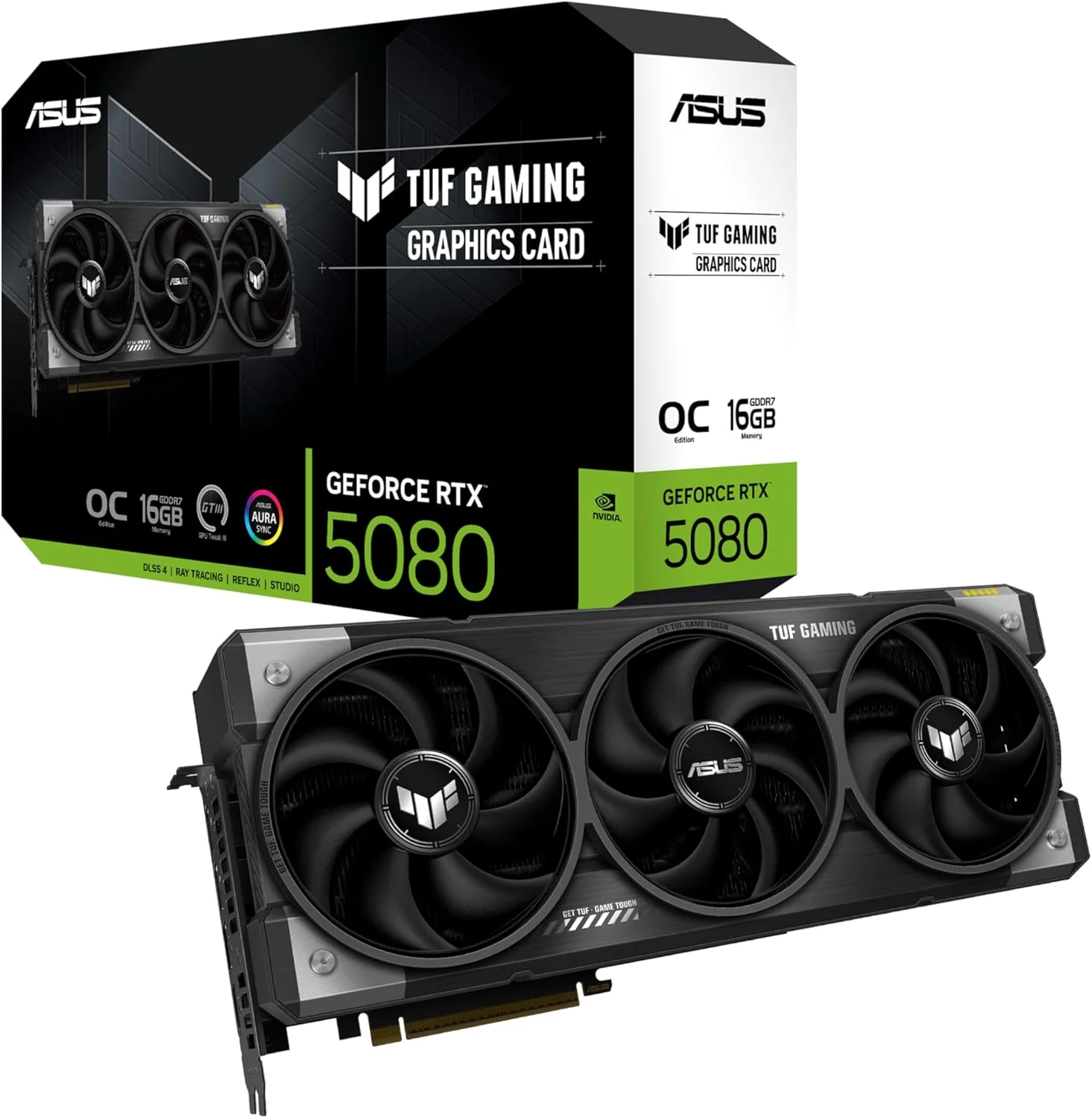 کارت گرافیک گیمینگ ایسوس TUF Gaming GeForce RTX™ 5080 با 16 گیگابایت حافظه GDDR7 OC Edition (PCIe® 5.0, HDMI®/DP 2.1, 3.6-Slot, قطعات با درجه نظامی، پوشش محافظ PCB، فن های Axial-tech، محفظه بخار)
