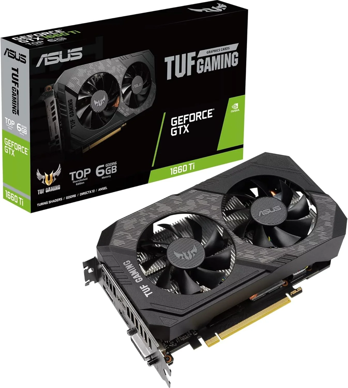 کارت گرافیک ایسوس TUF Gaming NVIDIA GeForce GTX 1660 Ti EVO TOP Edition (PCIe 3.0، حافظه 6GB GDDR6، سرعت حافظه 14Gbps، HDMI 2.0b، DisplayPort 1.4، روان کننده مخصوص فضا، طراحی فشرده، GPU Tweak II)