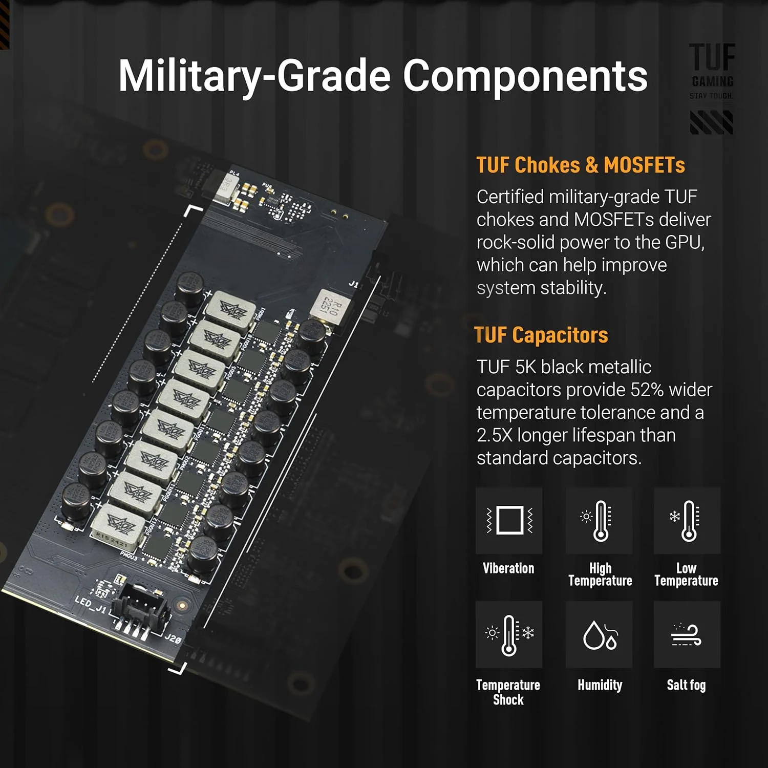 کارت گرافیک گیمینگ ایسوس TUF Gaming GeForce RTX™ 5080 با 16 گیگابایت حافظه GDDR7 OC Edition (PCIe® 5.0, HDMI®/DP 2.1, 3.6-Slot, قطعات با درجه نظامی، پوشش محافظ PCB، فن های Axial-tech، محفظه بخار)