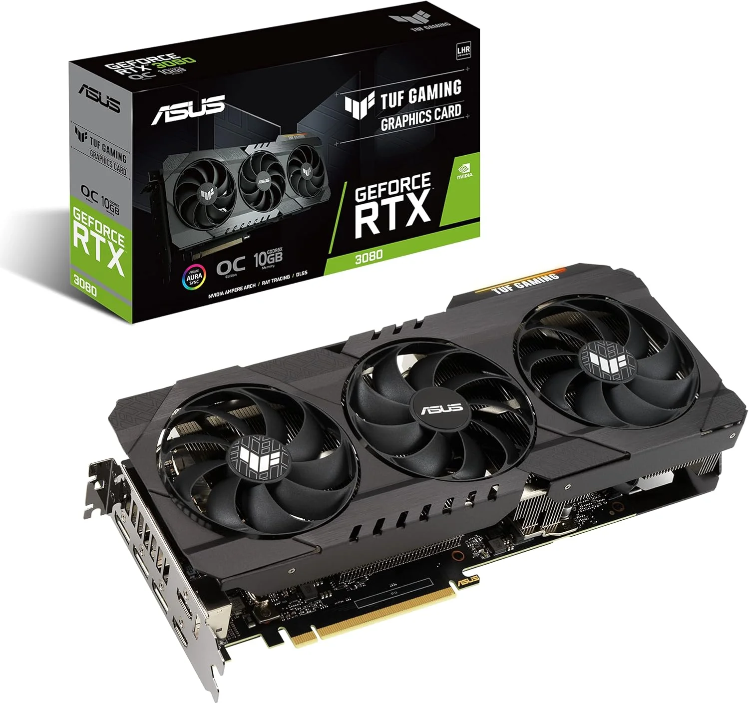 کارت گرافیک ایسوس TUF Gaming NVIDIA GeForce RTX 3080 V2 OC Edition (PCIe 4.0، 10GB GDDR6X، LHR، HDMI 2.1، DisplayPort 1.4a، فن های بلبرینگ دوگانه، گواهی درجه نظامی، GPU Tweak II)
