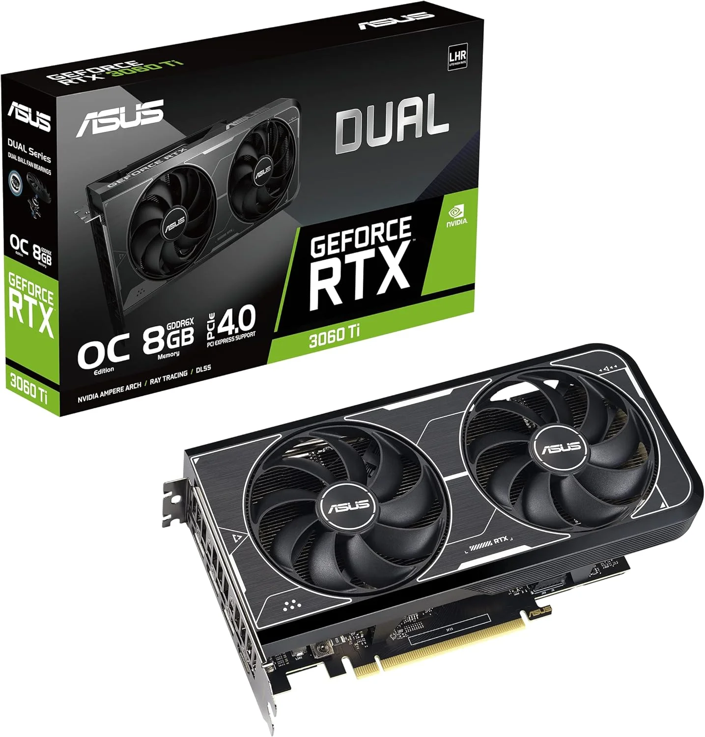 کارت گرافیک ایسوس Dual NVIDIA GeForce RTX 3060 Ti OC Edition (PCIe 4.0، حافظه 8GB GDDR6X، HDMI 2.1، DisplayPort 1.4a، طراحی 2 اسلات، طراحی فن Axial-tech، فناوری 0dB و موارد دیگر)
