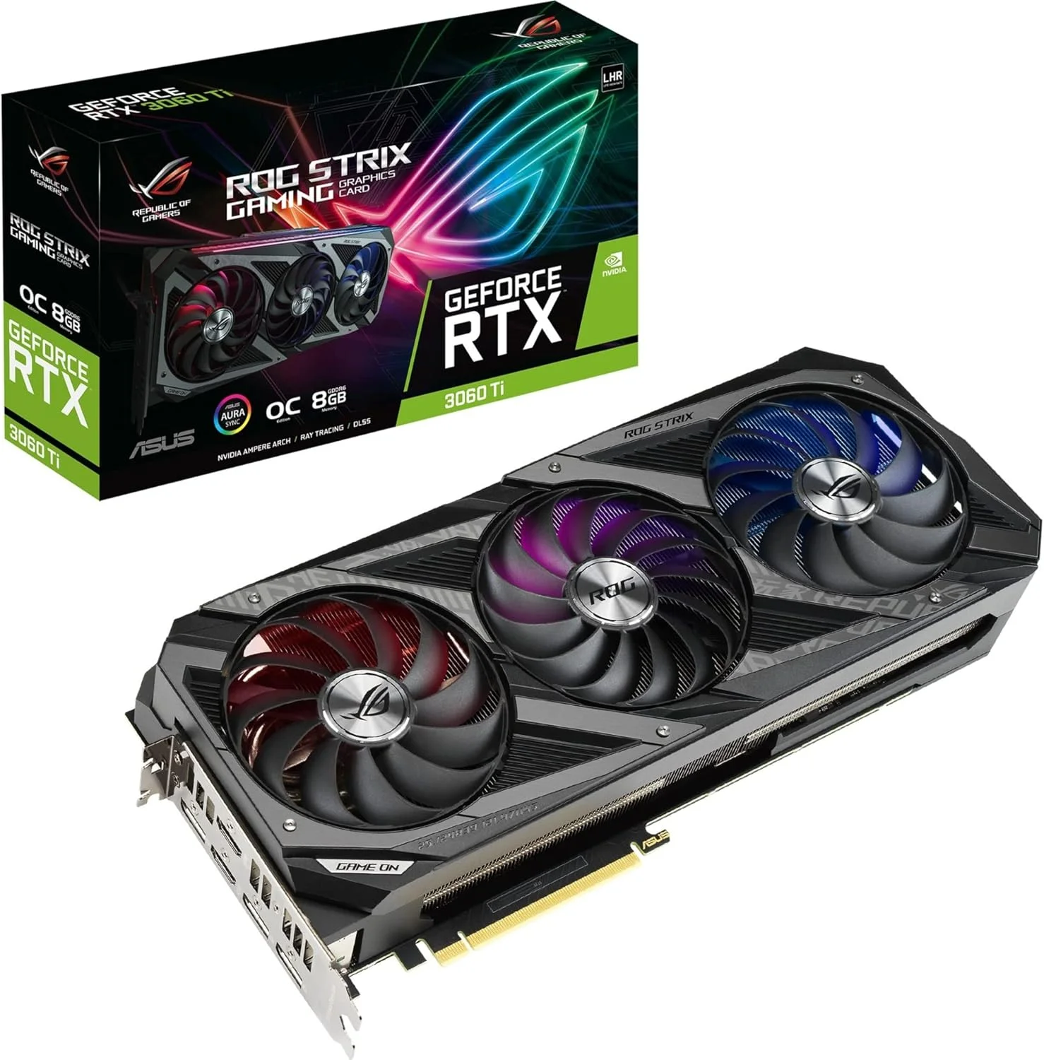 کارت گرافیک گیمینگ ایسوس ROG Strix NVIDIA GeForce RTX 3060 Ti V2 OC Edition (PCIe 4.0، 8GB GDDR6، LHR، HDMI 2.1، DisplayPort 1.4a، طراحی فن Axial-tech، 2.9-اسلات، Super Alloy Power II، GPU Tweak II)