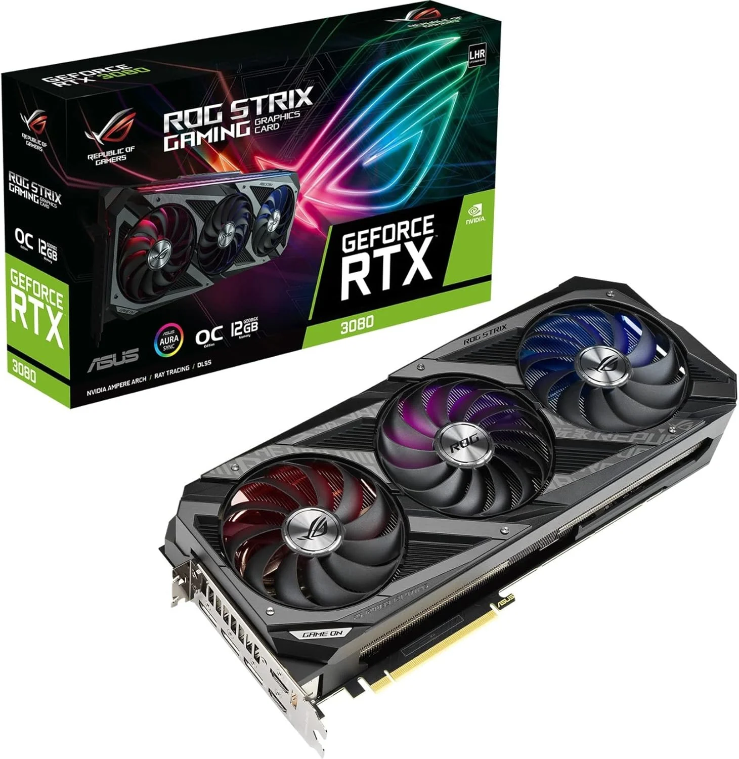 کارت گرافیک گیمینگ ایسوس ROG Strix NVIDIA GeForce RTX 3080 OC Edition (PCIe 4.0، 12GB GDDR6X، LHR، HDMI 2.1، DisplayPort 1.4a، طراحی فن Axial-tech، 2.9-Slot، Super Alloy Power II، GPU Tweak II)