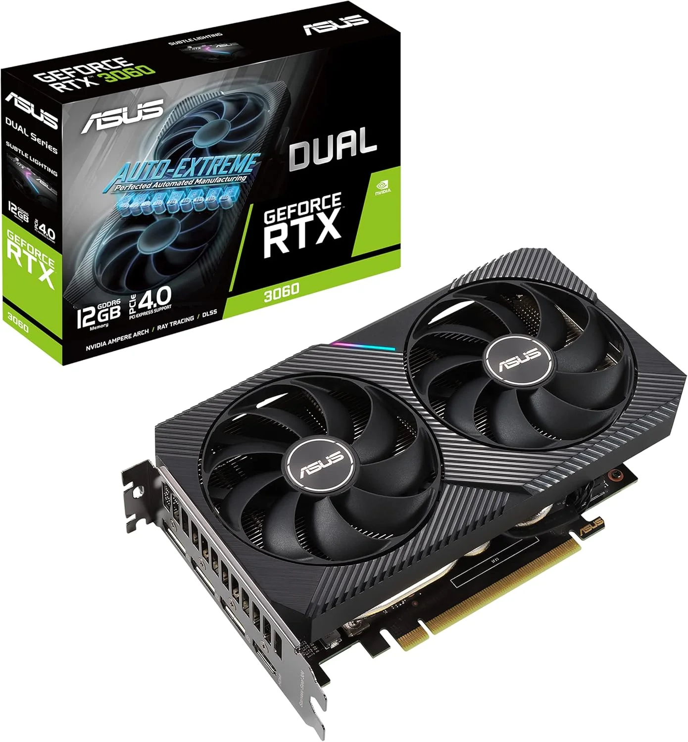 کارت گرافیک گیمینگ ایسوس Dual NVIDIA GeForce RTX 3060 V2 با 12 گیگابایت حافظه GDDR6 (PCIe 4.0، حافظه 12GB GDDR6، HDMI 2.1، DisplayPort 1.4a، طراحی 2 اسلات، طراحی فن Axial-tech، فناوری 0dB) کارت گرافیک گیمینگ ایسوس Dual NVIDIA GeForce RTX 3060 V2 با 12 گیگابایت حافظه GDDR6 (PCIe 4.0، حافظه 12GB GDDR6، HDMI 2.1، DisplayPort 1.4a، طراحی 2 اسلات، طراحی فن Axial-tech، فناوری 0dB)