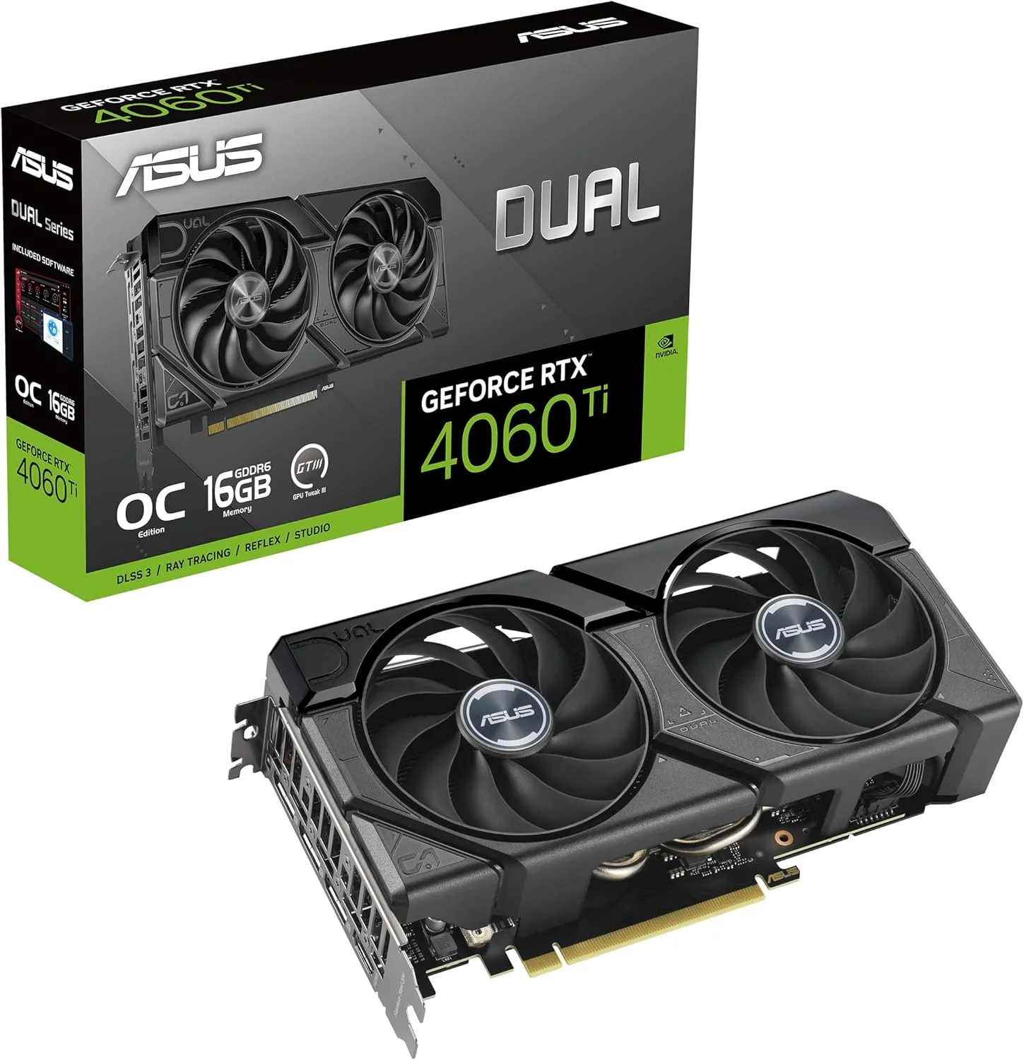 کارت گرافیک ایسوس Dual GeForce RTX™ 4060 Ti EVO OC Edition با 16 گیگابایت حافظه GDDR6 (PCIe 4.0, 16GB GDDR6, DLSS 3, HDMI 2.1a, DisplayPort 1.4a, طراحی 2.5 اسلات, طراحی فن Axial-tech, تکنولوژی 0dB و موارد دیگر)