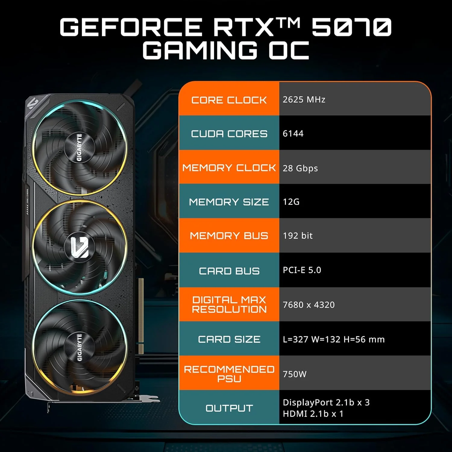 کارت گرافیک گیگابایت GeForce RTX 5070 Gaming OC 12G، حافظه 12 گیگابایت GDDR7، PCIe 5.0، سیستم خنک کننده WINDFORCE، کارت ویدیو GV-N5070GAMING OC-12GD