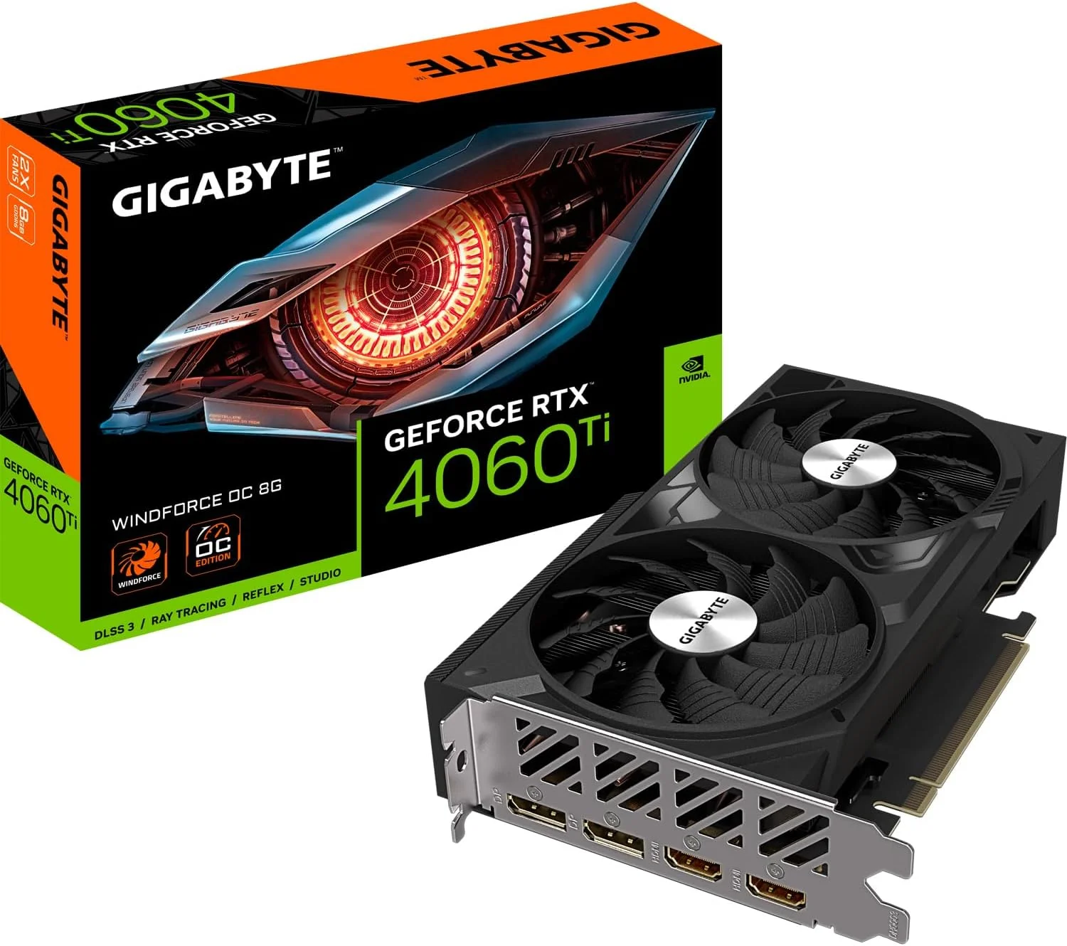 کارت گرافیک گیگابایت NVIDIA GeForce RTX 4060 Ti WINDFORCE OC - حافظه 8GB GDDR6، رابط 128 بیتی، PCI-E 4.0، فرکانس هسته 2550MHz، 2x DP 1.4، 2x HDMI 2.1a، NVIDIA DLSS 3 - GV-N406TWF2OC-8GD