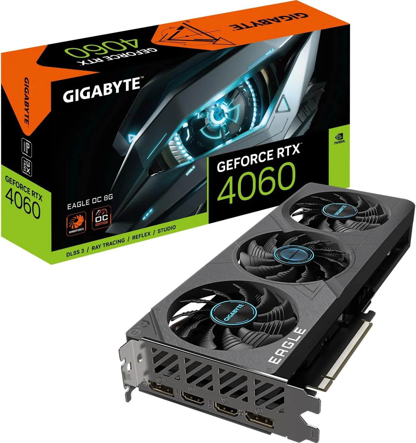 کارت گرافیک گیگابایت NVIDIA GeForce RTX 4060 Eagle OC - حافظه 8 گیگابایت GDDR6، رابط 128 بیتی، PCI-E 4.0، فرکانس هسته 2505 مگاهرتز، 2 پورت DP 1.4، 2 پورت HDMI 2.1a، NVIDIA DLSS 3 - GV-N4060EAGLE OC-8GD
