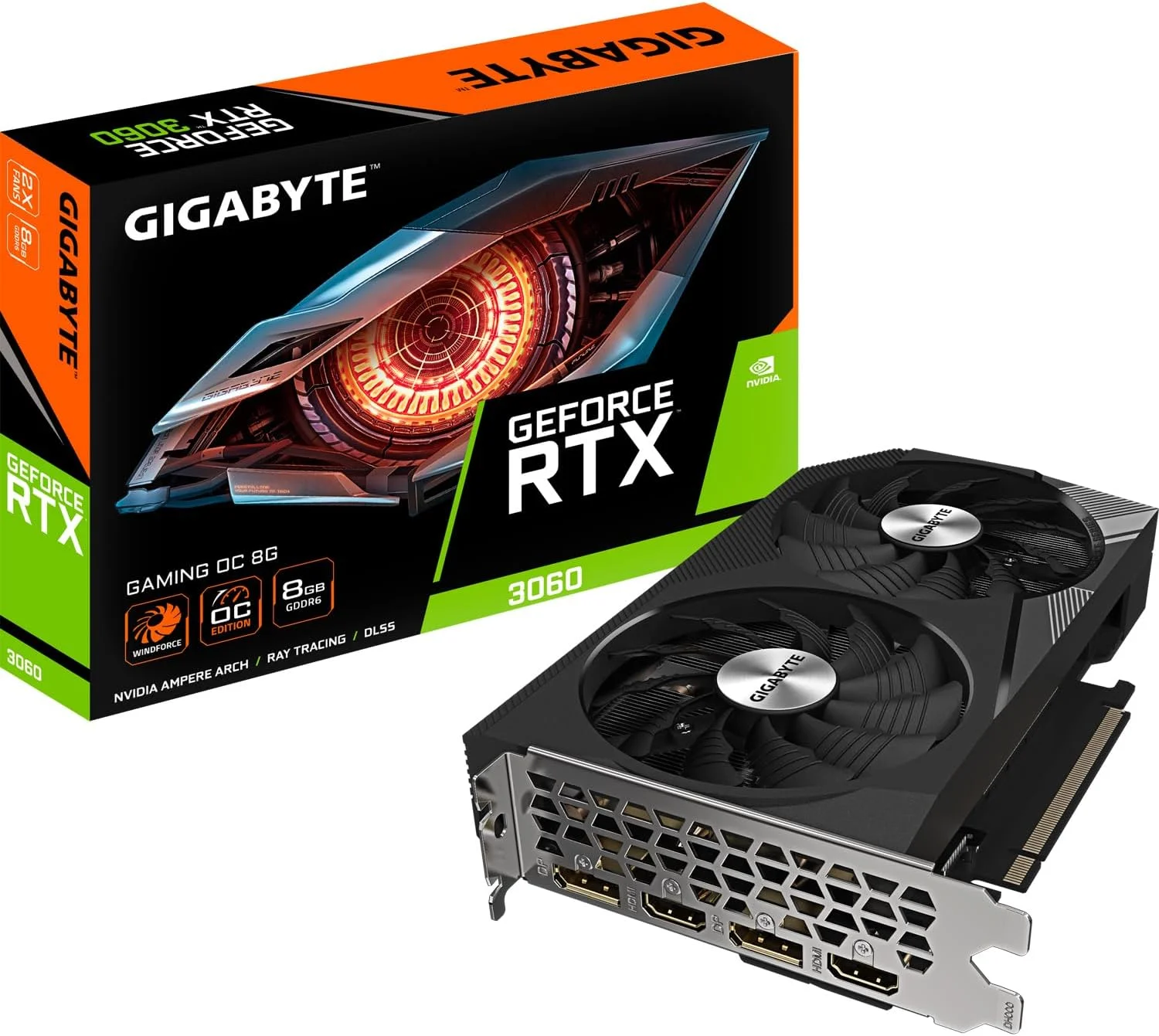 کارت گرافیک گیگابایت nVidia GeForce RTX 3060 GAMING OC 8G 2.0 GDDR6، فرکانس 1807 مگاهرتز PCI-E 4.0، دارای 2x DP 1.4a و 2x HDMI 2.1