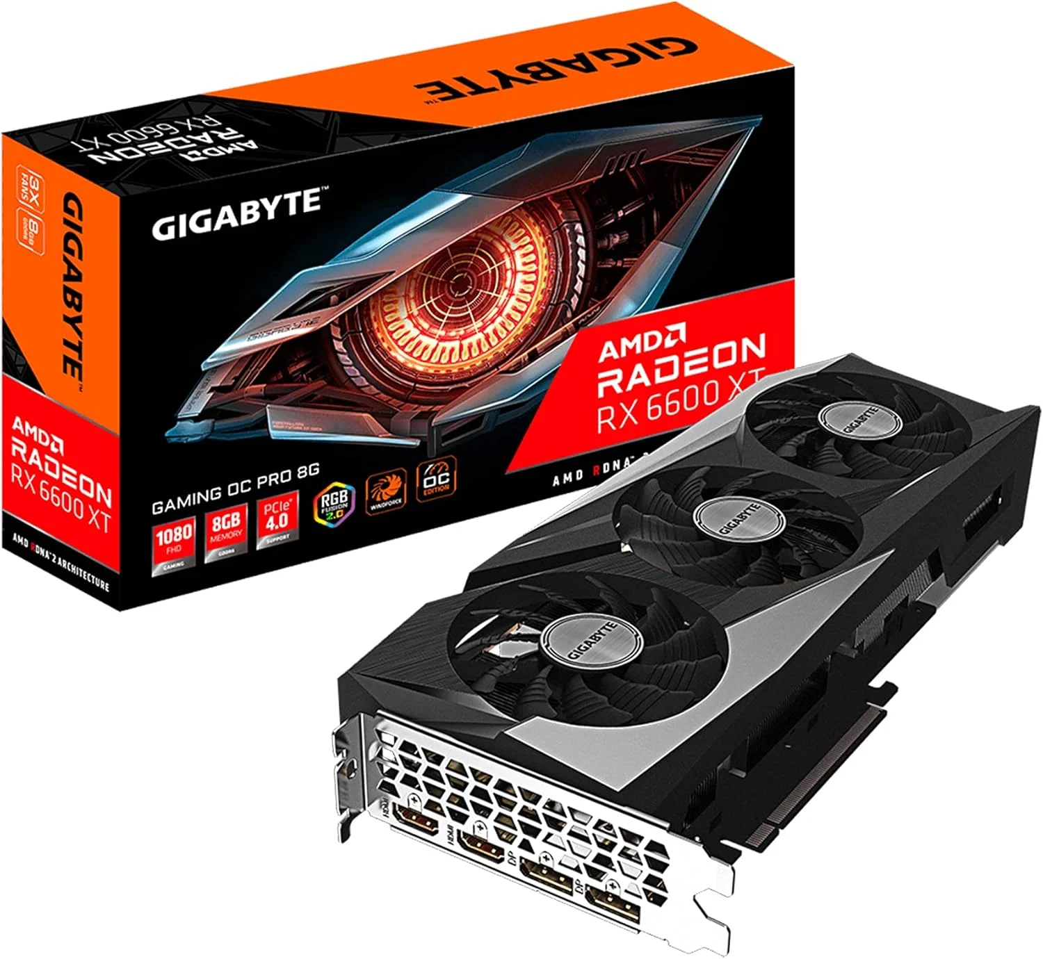 کارت گرافیک GIGABYTE Radeon RX 6600 XT Gaming OC PRO 8G، سیستم خنک کننده WINDFORCE 3X، حافظه 8 گیگابایتی GDDR6 128 بیتی، کارت ویدیو GV-R66XTGAMINGOC PRO-8GD