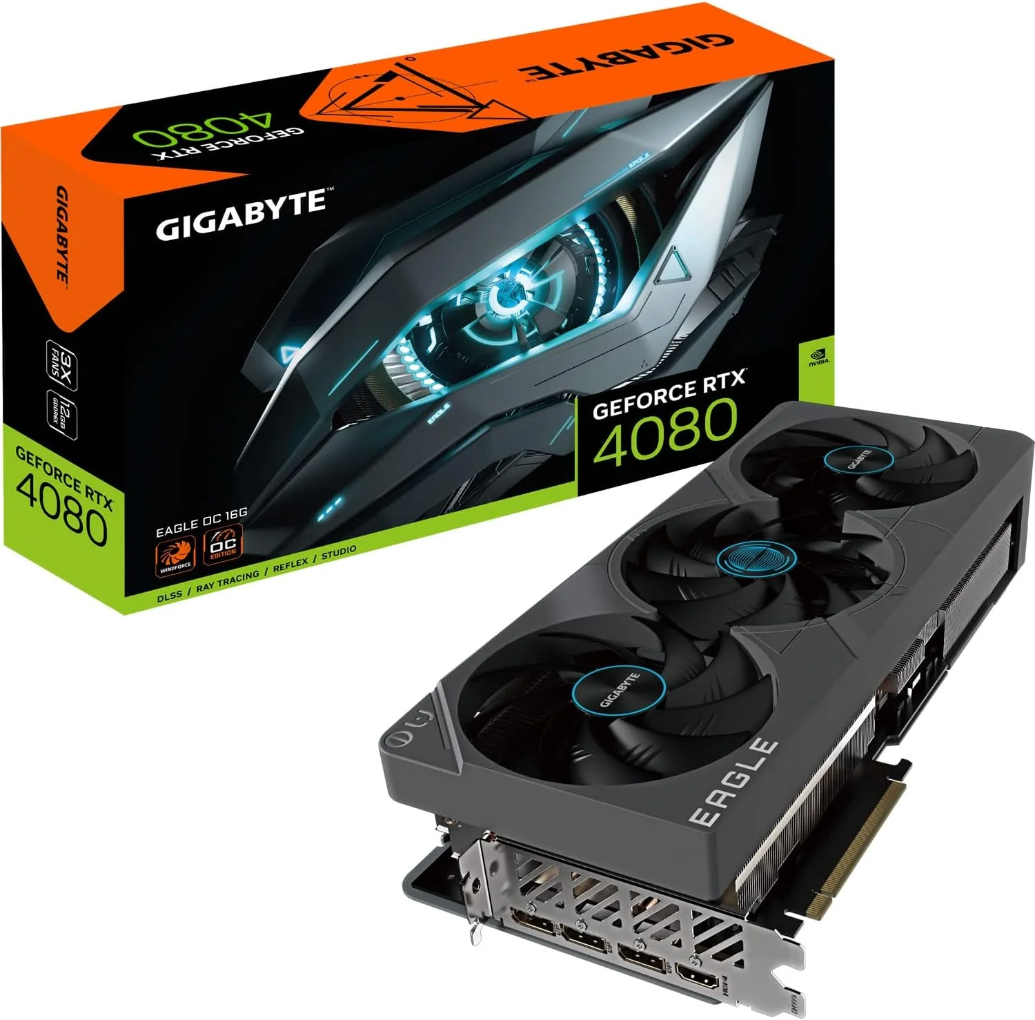 کارت گرافیک گیگابایت GeForce RTX 4080 Eagle OC 16G، سه فن WINDFORCE، شانزده گیگابایت GDDR6X 256 بیتی، کارت ویدیو GV-N4080EAGLE OC-16GD
