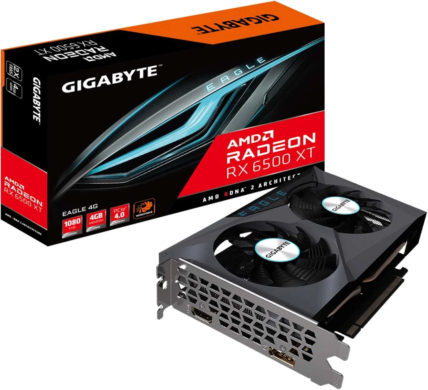 کارت گرافیک GIGABYTE Radeon RX 6500 XT Eagle 4G، سیستم خنک کننده WINDFORCE 2X، حافظه 4 گیگابایتی GDDR6 64 بیتی، کارت ویدیو GV-R65XTEAGLE-4GD