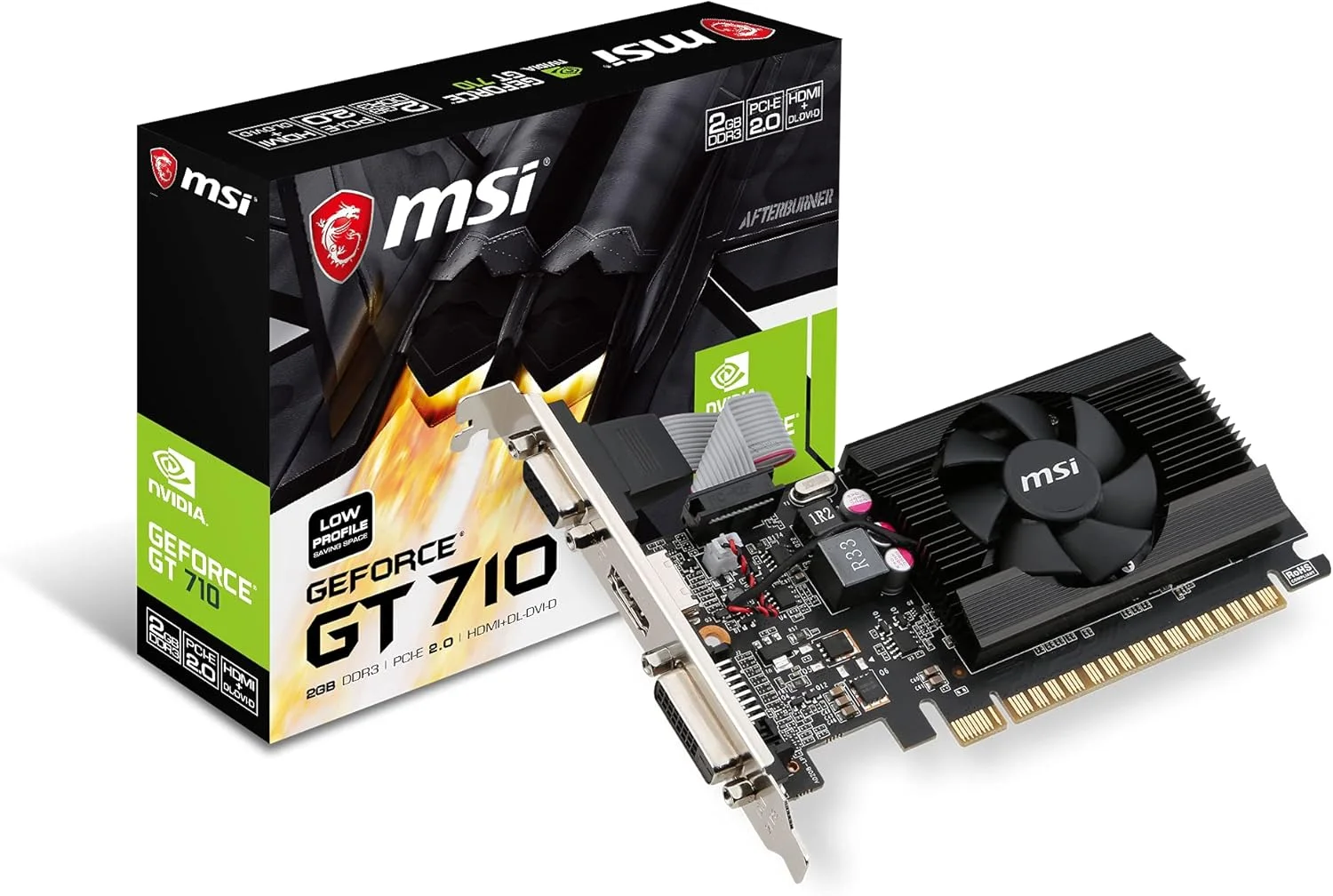 کارت گرافیک MSI GeForce GT 710 با 2 گیگابایت حافظه GDDR3، رابط 64 بیتی، پشتیبانی از HDCP، DirectX 12 و OpenGL 4.5، دارای هیت سینک و طراحی Low Profile (GT 710 2GD3H LP)