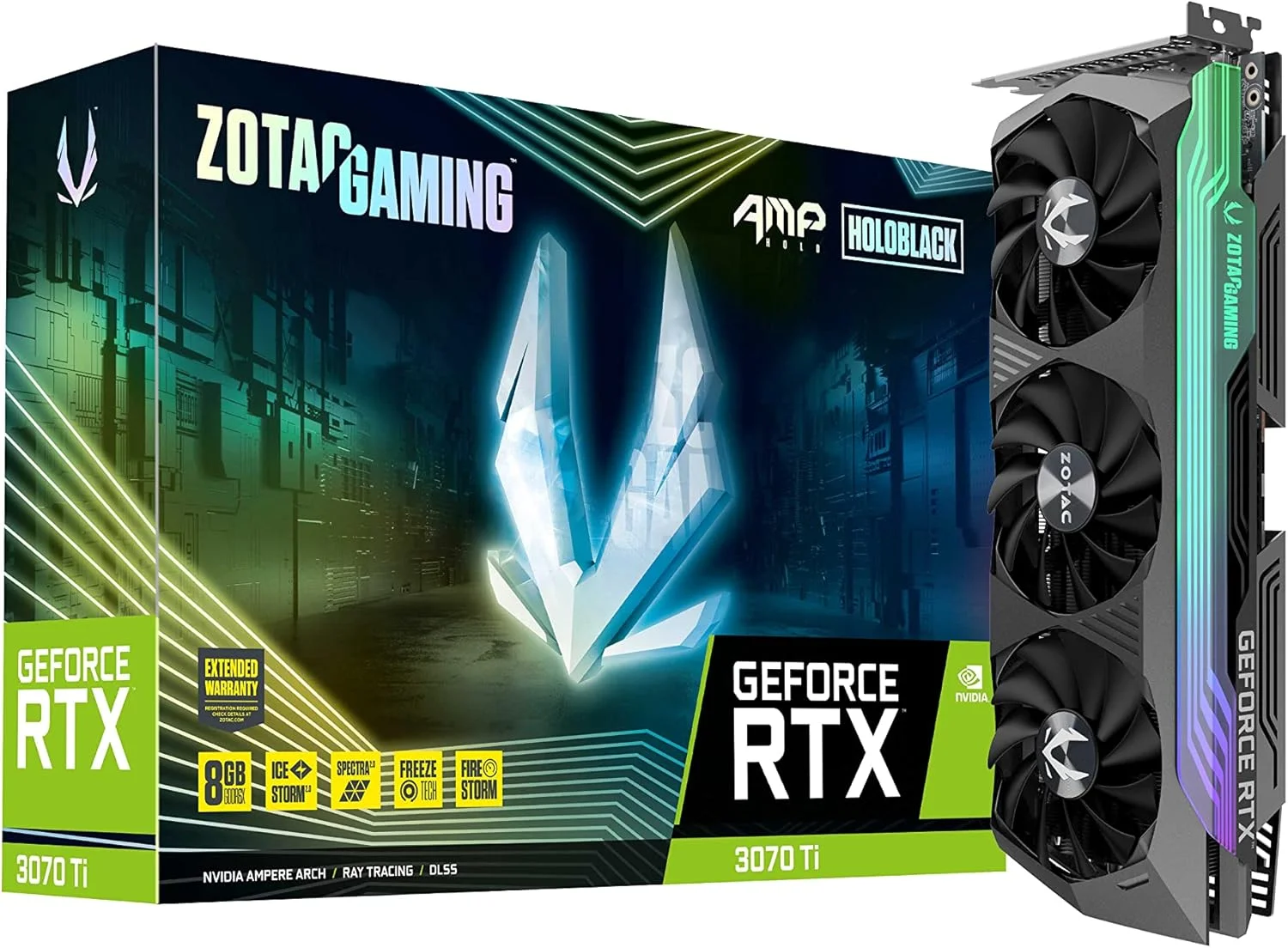 کارت گرافیک گیمینگ ZOTAC Gaming GeForce RTX 3070 Ti AMP Holo با 8 گیگابایت حافظه GDDR6X، 256 بیتی، 19 گیگابیت بر ثانیه، PCIE 4.0، رنگ HoloBlack، خنک کننده پیشرفته IceStorm 2.0، نورپردازی Spectra 2.0 RGB، مدل ZT-A30710F-10P (بازسازی شده)