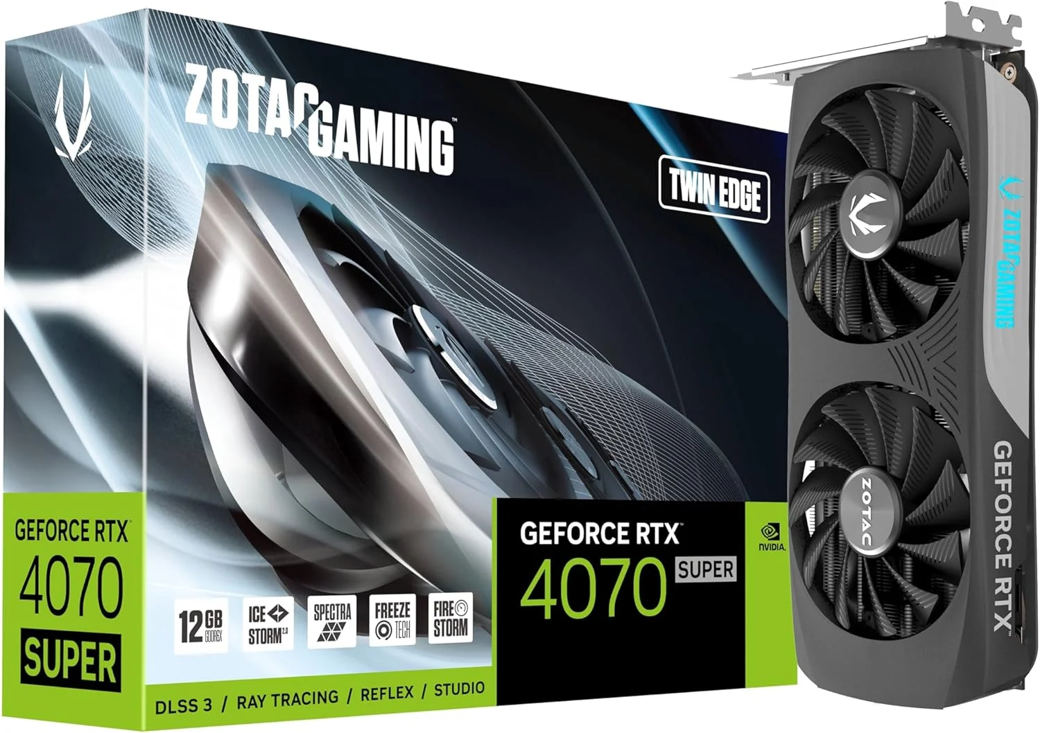 کارت گرافیک گیمینگ ZOTAC Gaming GeForce RTX 4070 Super Twin Edge DLSS 3 با حافظه 12GB GDDR6X 192-bit 21 Gbps PCIE 4.0، خنک کننده پیشرفته IceStorm 2.0، نورپردازی Spectra RGB، ZT-D40720E-10M