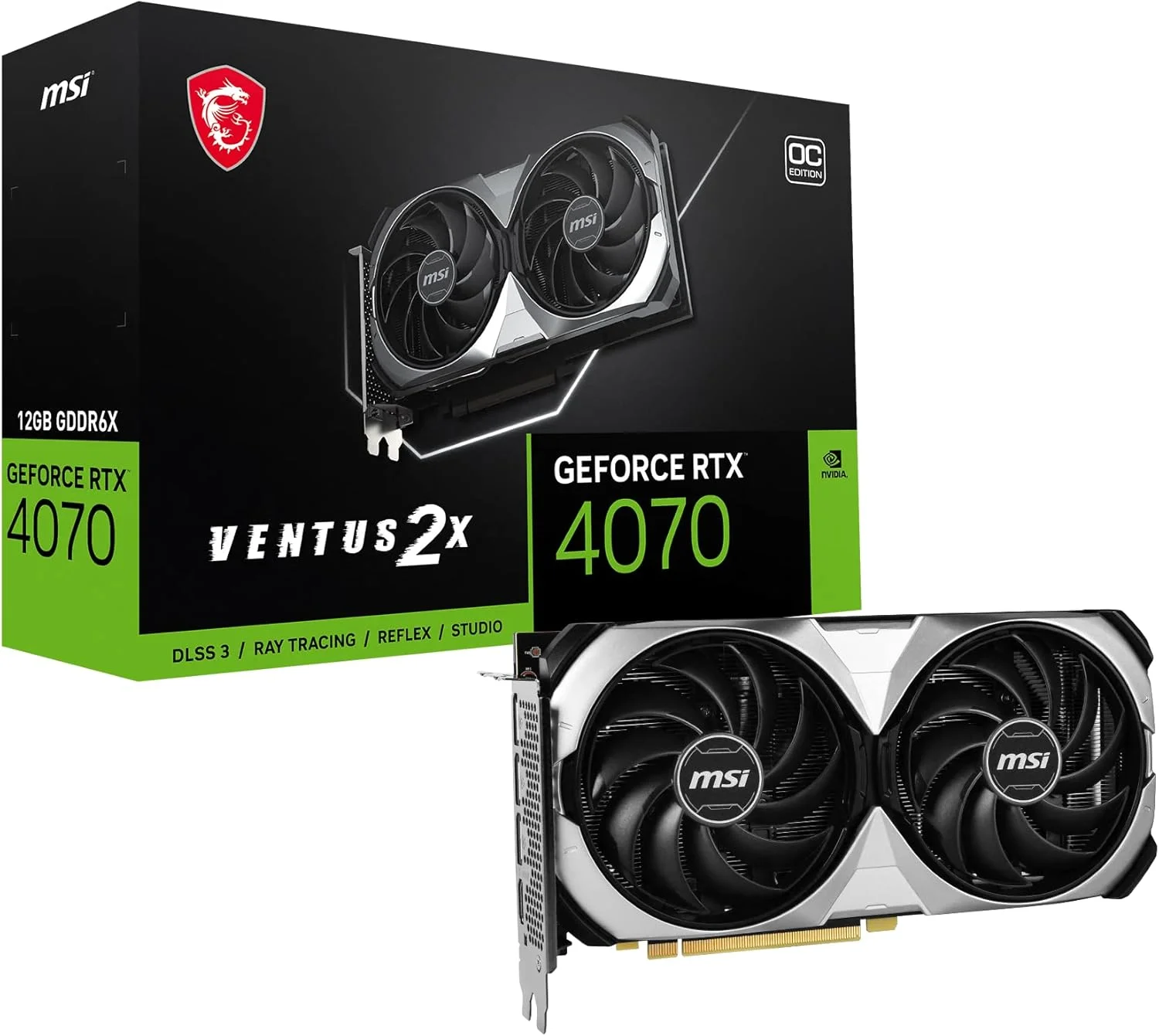کارت گرافیک ام اس آی گیمینگ GeForce RTX 4070 با 12 گیگابایت حافظه GDDR6X، فرکانس هسته: 2520 مگاهرتز، 192-بیت، HDMI/DP، فن TORX 4.0، معماری Ada Lovelace (مدل RTX 4070 Ventus 2X 12G OC)