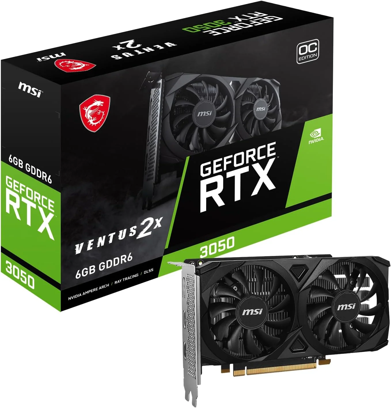 کارت گرافیک گیمینگ MSI GeForce RTX 3050 Ventus 2X E 6G OC - حافظه 6 گیگابایت GDDR6، فرکانس 1492 مگاهرتز، PCI Express Gen 4، رابط 96 بیتی، 1x DisplayPort (v1.4a)، 2x HDMI 2.1 (پشتیبانی از 4K)