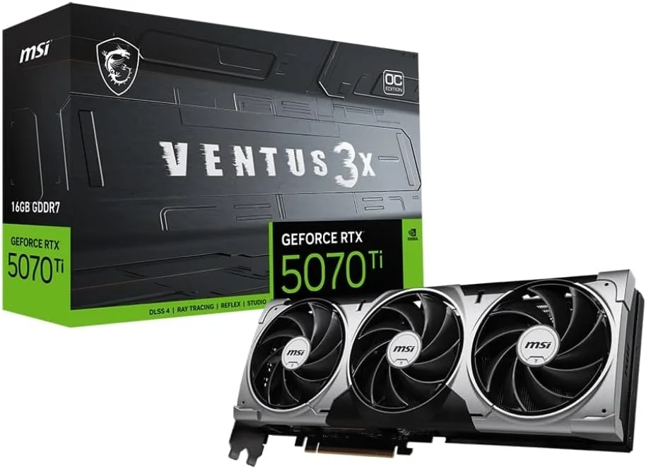 کارت گرافیک ام اس آی GeForce RTX 5070 Ti 16G Ventus 3X OC - پردازنده گرافیکی RTX 5070 Ti، حافظه 16 گیگابایت GDDR7 (28 گیگابیت بر ثانیه/256 بیت)، PCIe 5.0 - طراحی حرارتی سه فن (3 عدد فن TORX 5.0) - HDMI 2.1b، DisplayPort 2.1b
