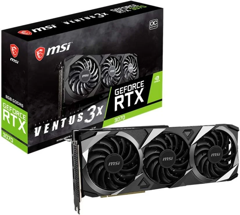 کارت گرافیک ام اس آی گیمینگ GeForce RTX 3070 با 8 گیگابایت حافظه GDDR6، 256 بیتی، HDMI/DP، فن TORX 3.0، معماری آمپر OC (مدل RTX 3070 VENTUS 3X OC)