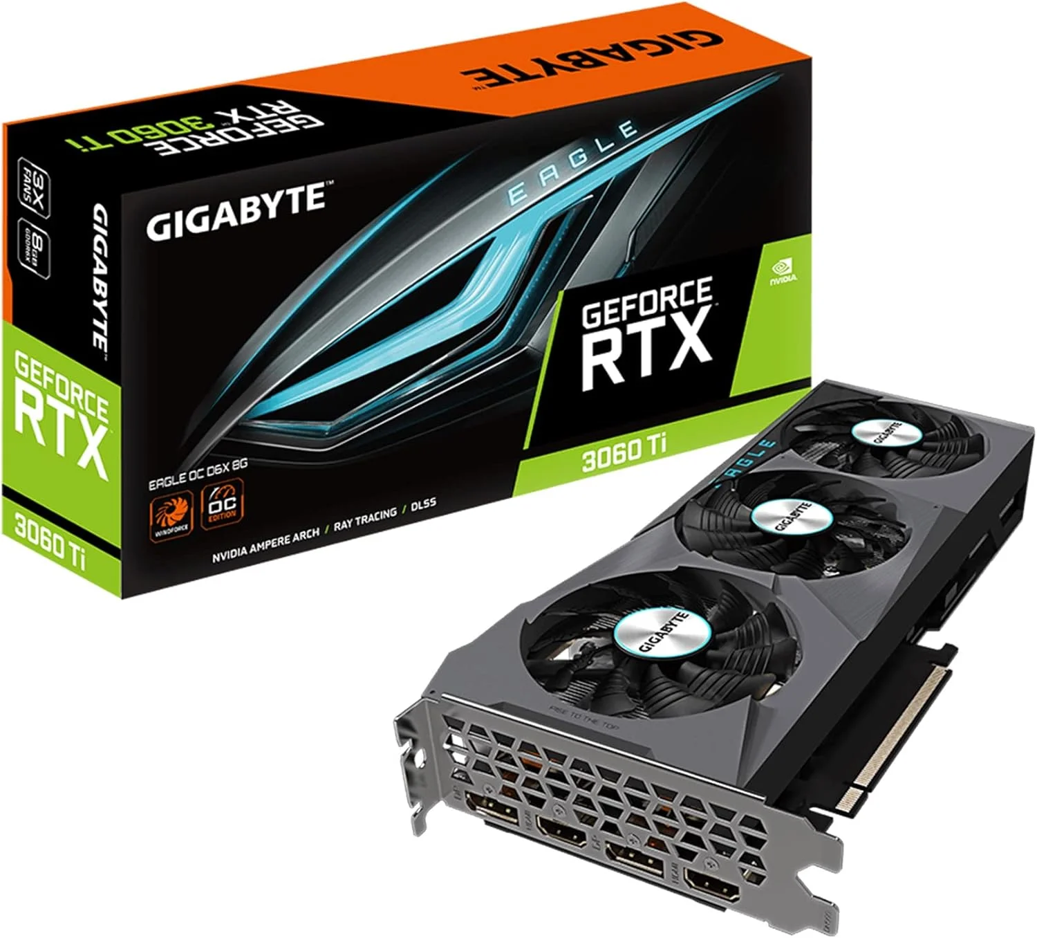 کارت گرافیک گیگابایت GeForce RTX 3060 Ti Eagle OC D6X 8G، سه فن WINDFORCE، حافظه 8GB 256-bit GDDR6X، کارت ویدیویی GV-N306TXEAGLE OC-8GD