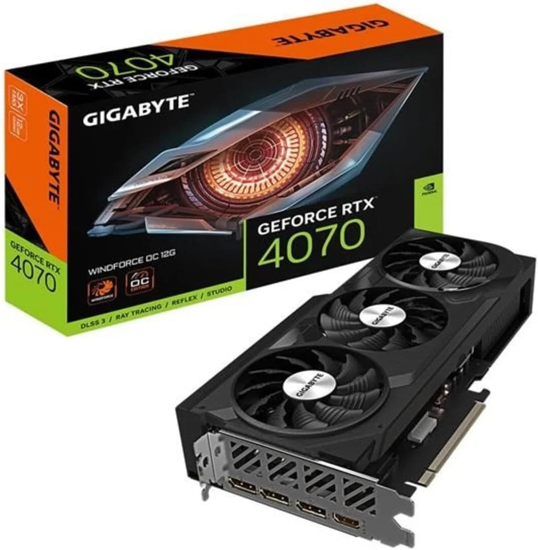 کارت گرافیک 12 گیگابایتی GIGABYTE GeForce RTX 4070 WINDFORCE OC - 12GB DDRX6 21Gbps، PCI-E 4.0، DisplayPort 1.4، HDMI 2.1a، NVIDIA DLSS 3، Ada Lovelace Arch، GV-N4070WF3OC-12GD، مشکی، 930 گرم