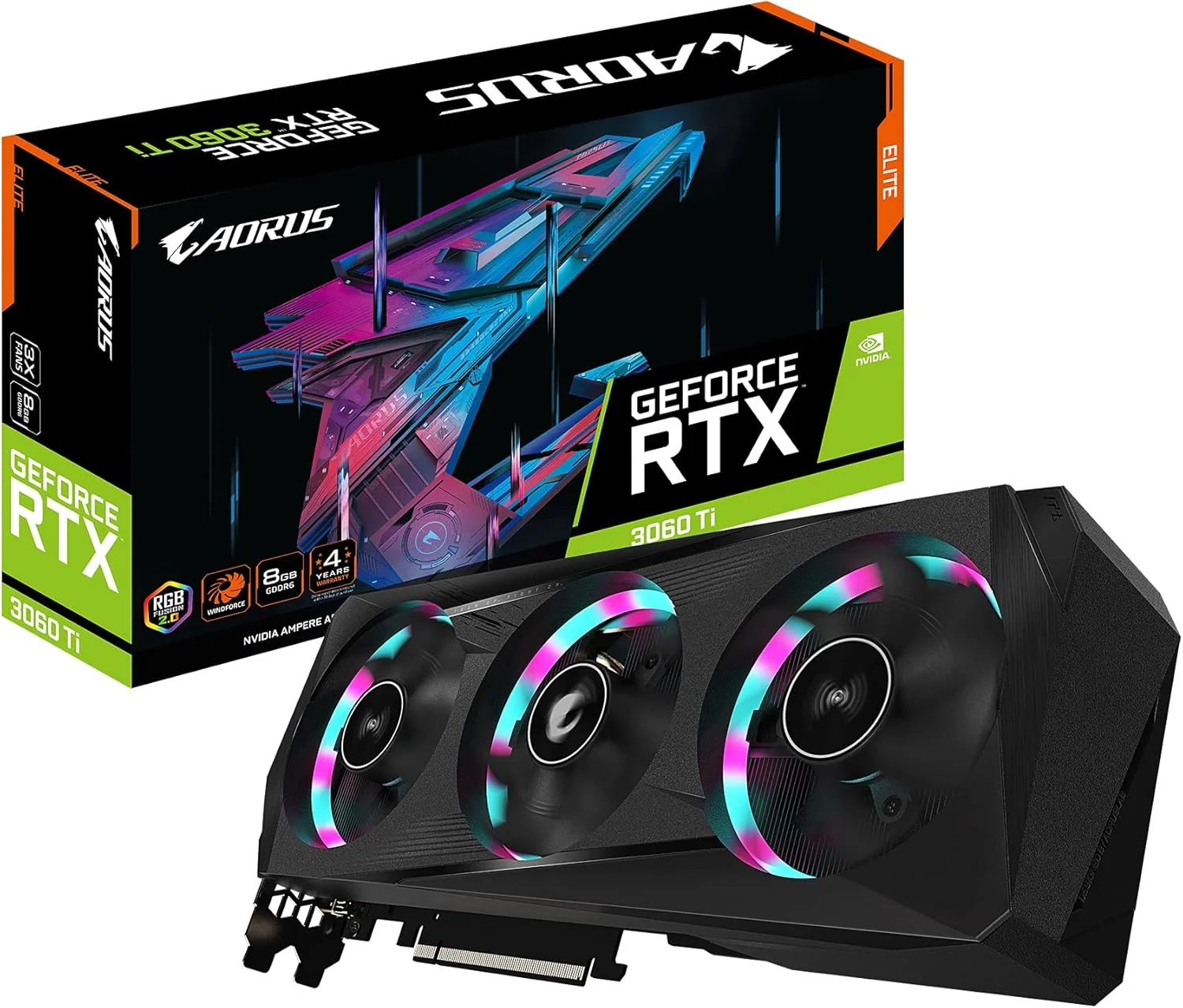 کارت گرافیک گیگابایت AORUS GeForce RTX 3060 Ti Elite 8G، سه فن WINDFORCE، حافظه 8 گیگابایتی GDDR6 256 بیتی، کارت ویدیو GV-N306TAORUS E-8GD