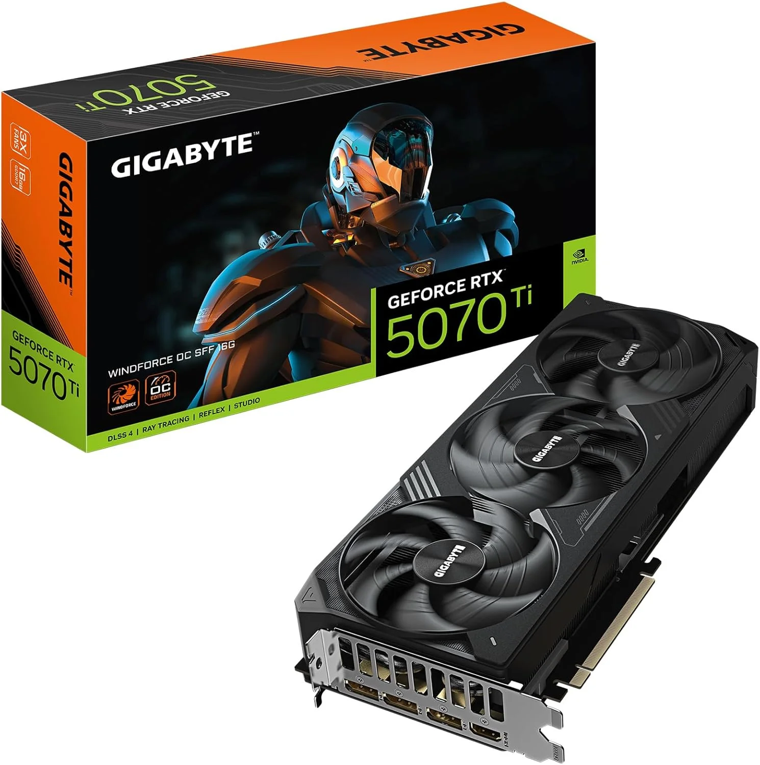 کارت گرافیک GIGABYTE GeForce RTX 5070 Ti WINDFORCE OC SFF 16G، با 16 گیگابایت حافظه GDDR7 256 بیتی، PCIe 5.0 و سیستم خنک کننده WINDFORCE، مدل GV-N507TWF3OC-16GD