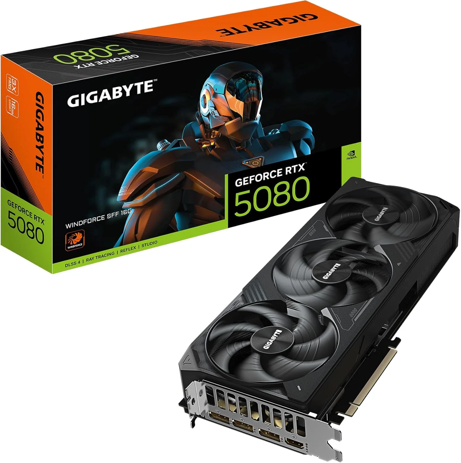 کارت گرافیک GIGABYTE GeForce RTX 5080 WINDFORCE SFF 16G، با 16 گیگابایت حافظه GDDR7 256 بیتی، PCIe 5.0 و سیستم خنک کننده WINDFORCE، مدل GV-N5080WF3-16GD