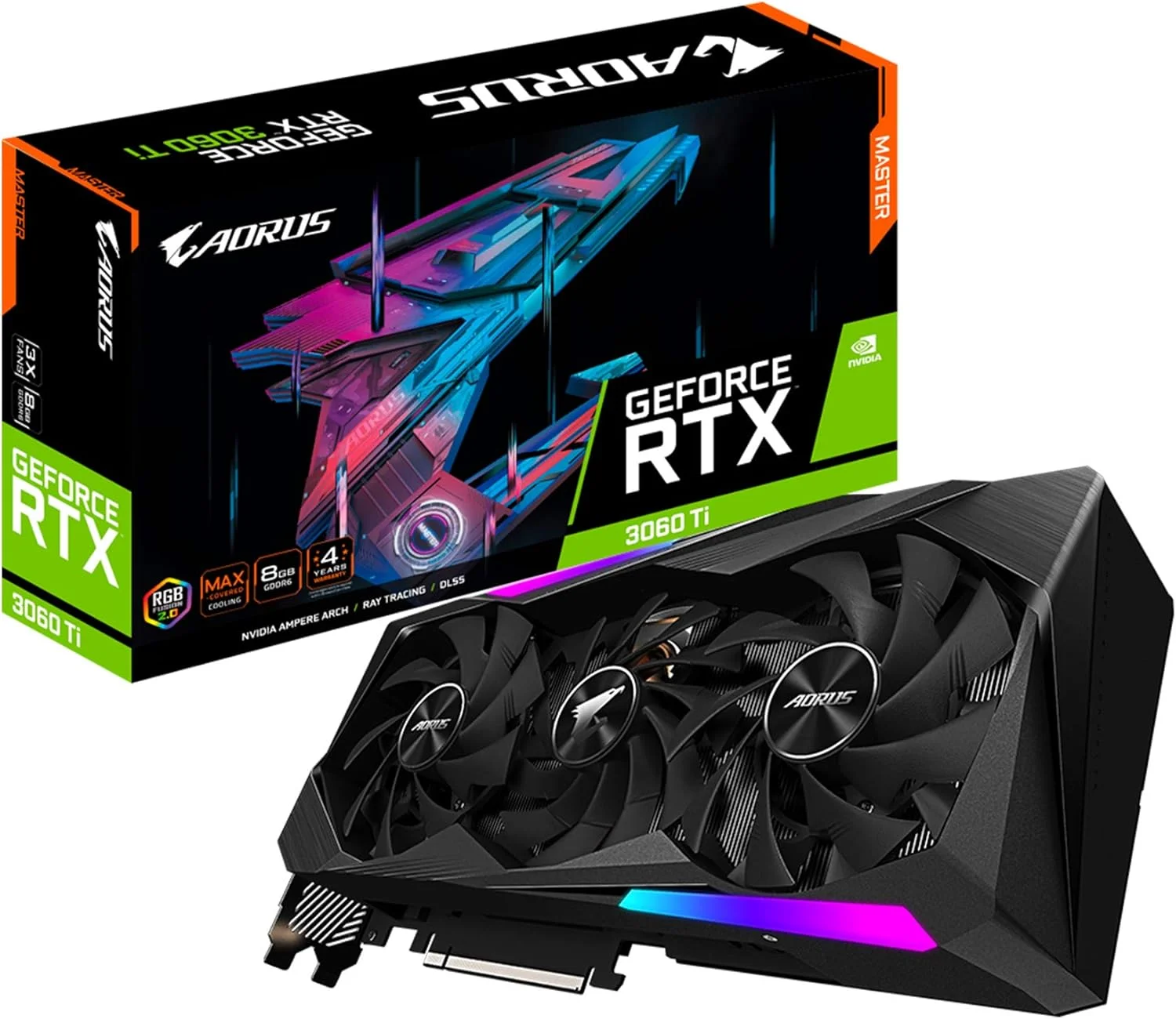 کارت گرافیک گیگابایت AORUS GeForce RTX 3060 Ti Master 8G، خنک کننده MAX-Covered، حافظه 8 گیگابایت GDDR6 256 بیتی، کارت ویدیو GV-N306TAORUS M-8GD