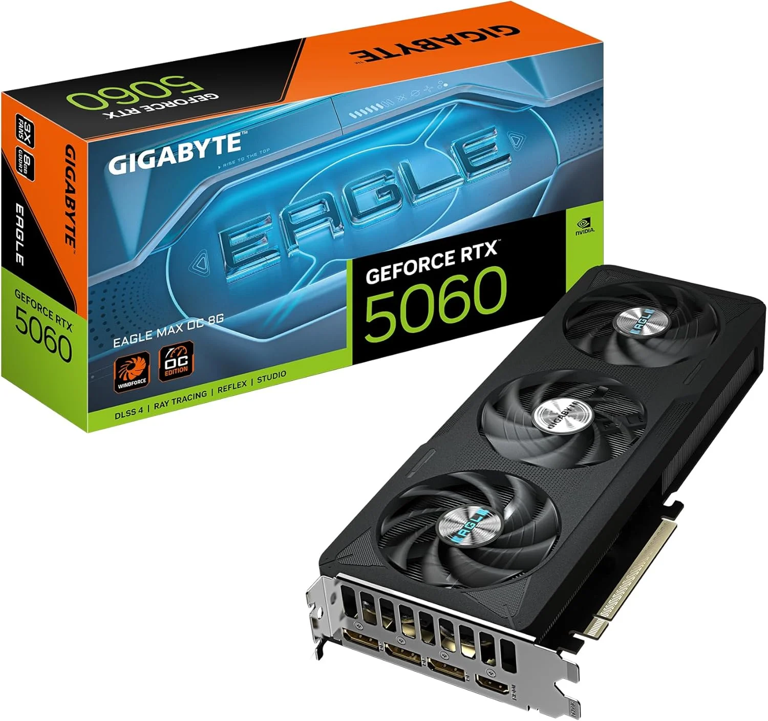 کارت گرافیک گیگابایت GeForce RTX 5060 Eagle MAX OC 8G - حافظه 8GB GDDR7، رابط 128bit، PCI-E 5.0، فرکانس هسته 2550MHz، 3 پورت DisplayPort، 1 پورت HDMI، NVIDIA DLSS 4، GV-N5060EAGLEMAX OC-8GD