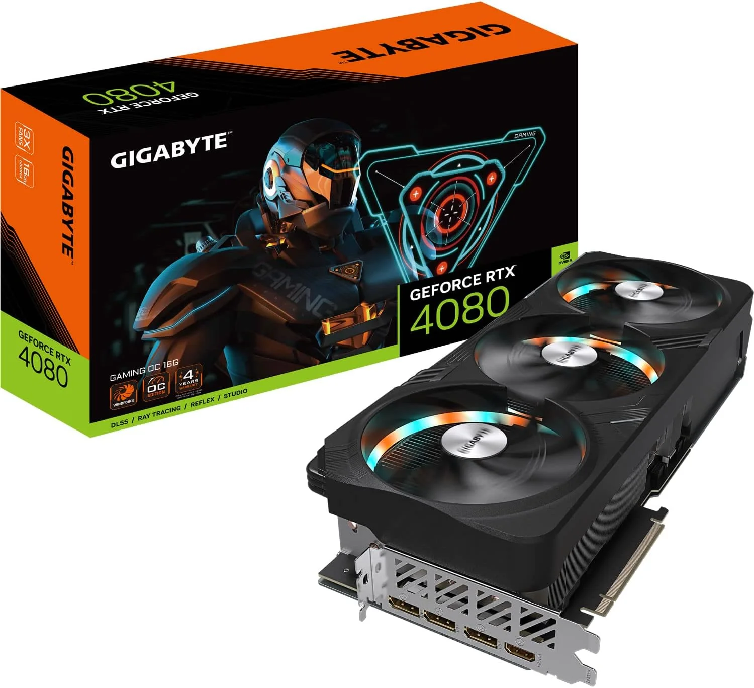 کارت گرافیک 16 گیگابایتی GIGABYTE GeForce RTX 4080 Gaming OC - با 16 گیگابایت حافظه DDR6X، رابط 192 بیتی، PCI-E 4.0، فرکانس هسته 2535 مگاهرتز، نورپردازی RGB، براکت ضد خمیدگی، DP 1.4، HDMI 2.1a و NVIDIA DLSS 3، مدل GV-N4080GAMING OC-16GD
