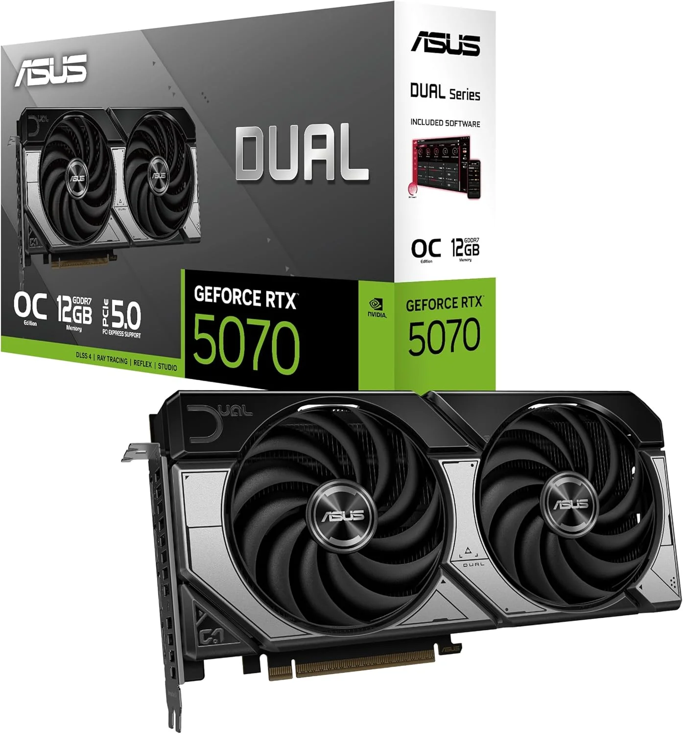 ایسوس Dual GeForce RTX™ 5070 با 12 گیگابایت حافظه GDDR7 OC Edition (PCIe 5.0, 12GB GDDR7, DLSS 4, HDMI 2.1b, DisplayPort 2.1b, طراحی فشرده با دو فن, طراحی فن Axial-tech, تکنولوژی 0dB و موارد دیگر)