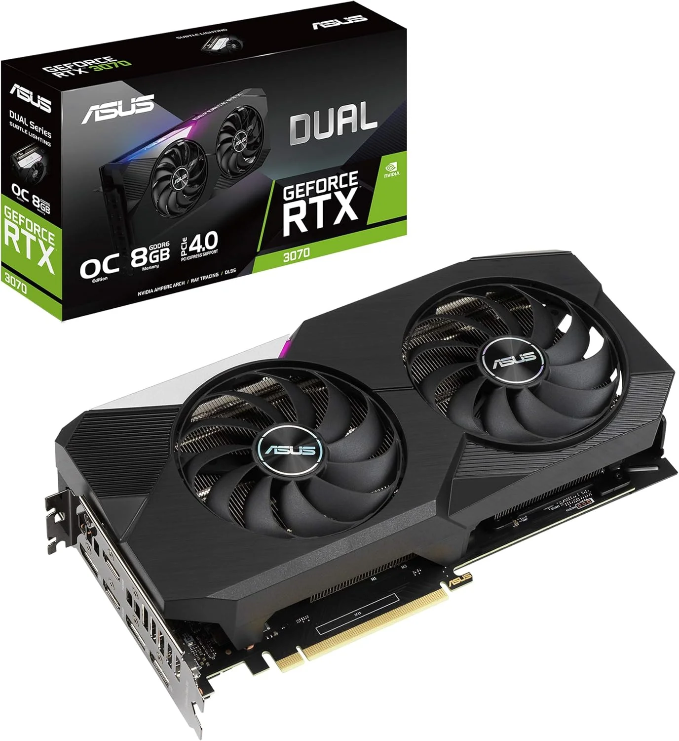 کارت گرافیک ایسوس Dual NVIDIA GeForce RTX 3070 OC Edition Gaming (PCIe 4.0، حافظه 8GB GDDR6، HDMI 2.1، DisplayPort 1.4a، طراحی فن Axial-tech، بایوس دوگانه، صفحه پشتی محافظ، GPU Tweak II)
