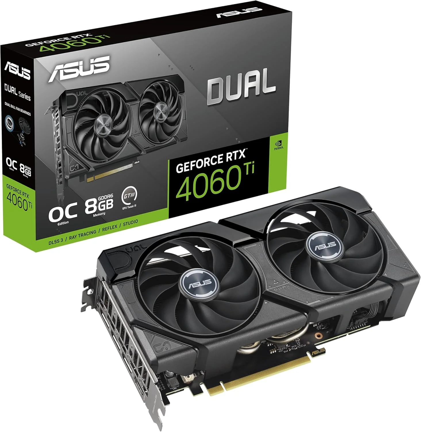 کارت گرافیک ایسوس Dual GeForce RTX™ 4060 Ti EVO OC Edition با 8 گیگابایت حافظه GDDR6 (PCIe 4.0، 8GB GDDR6، DLSS 3، HDMI 2.1a، DisplayPort 1.4a، طراحی فن Axial-tech، فناوری 0dB، صفحه پشتی محافظ، فناوری Auto-Extreme)