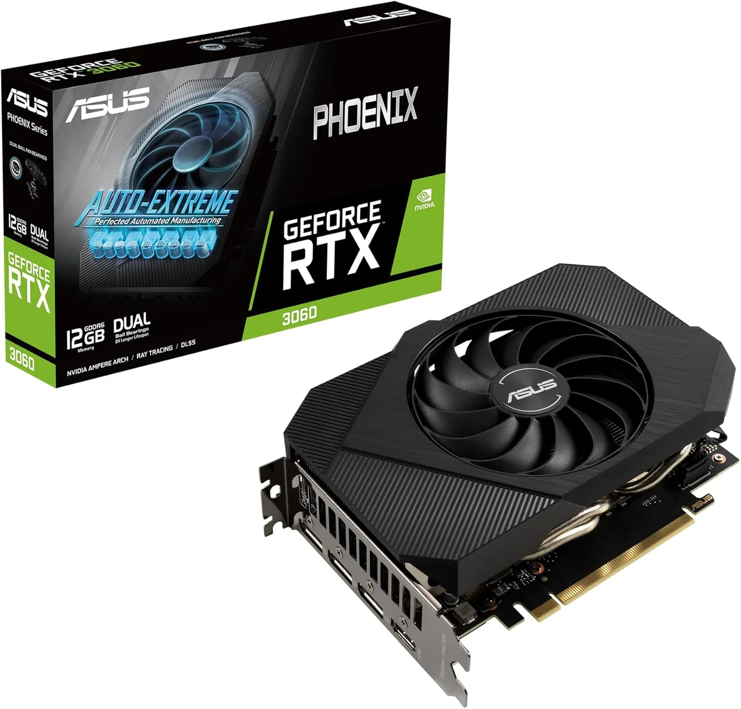 کارت گرافیک گیمینگ ایسوس Phoenix NVIDIA GeForce RTX 3060 V2 - PCIe 4.0، حافظه 12GB GDDR6، HDMI 2.1، DisplayPort 1.4a، طراحی فن Axial-tech، صفحه پشتی محافظ، بلبرینگ های دوگانه فن، Auto-Extreme