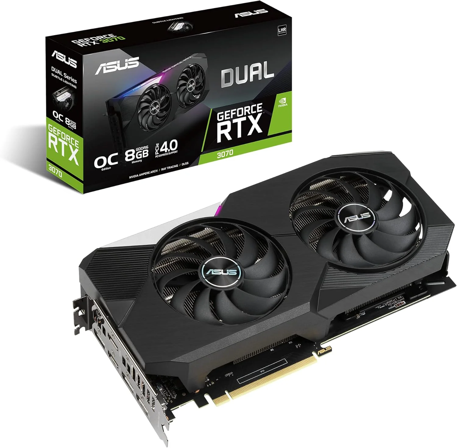کارت گرافیک ایسوس Dual NVIDIA GeForce RTX 3070 V2 OC Edition (PCIe 4.0، حافظه 8GB GDDR6، LHR، HDMI 2.1، DisplayPort 1.4a، طراحی فن Axial-tech، Dual BIOS، صفحه پشتی محافظ)