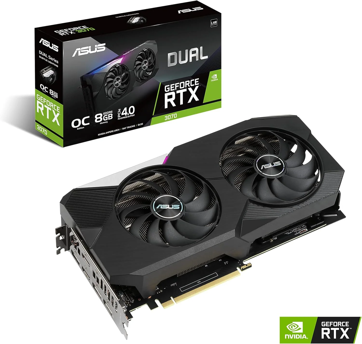 کارت گرافیک ایسوس Dual NVIDIA GeForce RTX 3070 V2 OC Edition (PCIe 4.0، حافظه 8GB GDDR6، LHR، HDMI 2.1، DisplayPort 1.4a، طراحی فن Axial-tech، Dual BIOS، صفحه پشتی محافظ)