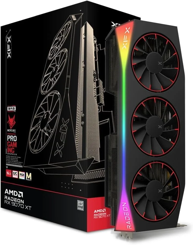 کارت گرافیک XFX Mercury AMD Radeon RX 9070XT OC Magnetic Air Edition با نورپردازی RGB، حافظه 16GB GDDR6، خروجی HDMI و 3xDP، معماری AMD RDNA 4 مدل RX-97TMARGB9