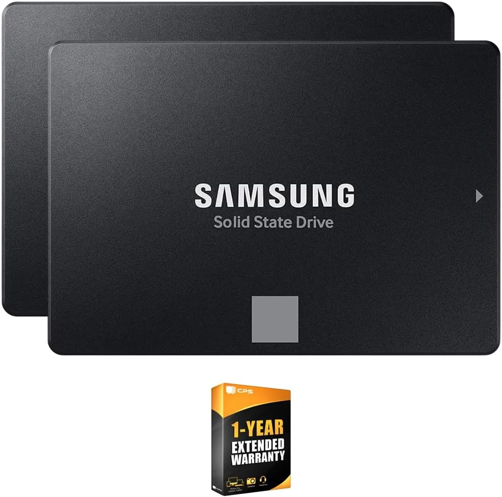 بسته دو عددی درایو حالت جامد داخلی سامسونگ مدل MZ-77E4T0B/AM 870 EVO با ظرفیت 4 ترابایت، 2.5 اینچی SATA III، ارتقاء حافظه و فضای ذخیره سازی کامپیوتر رومیزی یا لپ تاپ به همراه بسته محافظت پیشرفته 1 ساله CPS
