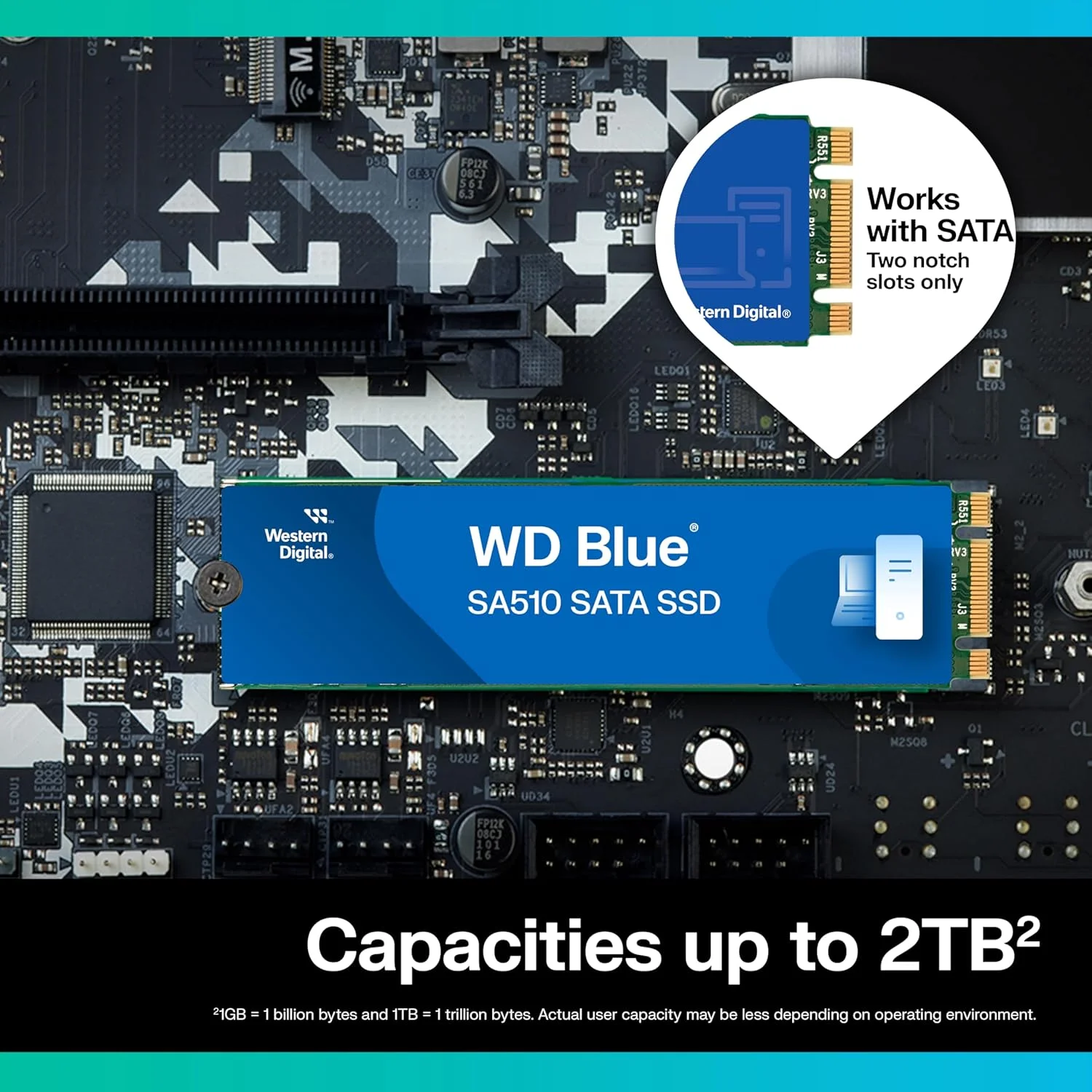 حافظه اس اس دی 2 ترابایتی اینترنال وسترن دیجیتال WD Blue SA510 SATA - SATA III 6 Gb/s، M.2 2280، سرعت تا 560 مگابایت بر ثانیه - WDS200T3B0B