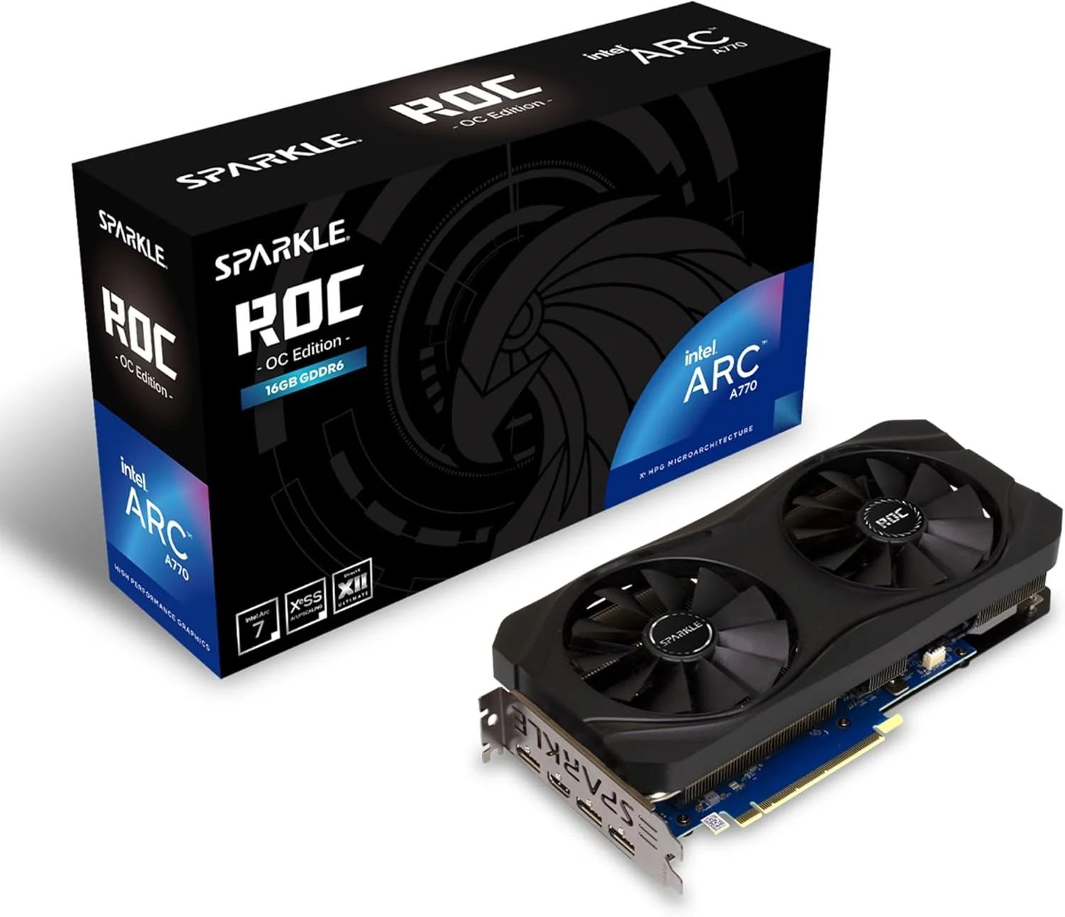 کارت گرافیک اسپارکل اینتل آرک A770 ROC OC Edition با 16 گیگابایت حافظه GDDR6، دارای 2 فن 100 میلی‌متری DBB، 2.5 اسلات، با صفحه پشتی فلزی، مدل SA770R-16GOC