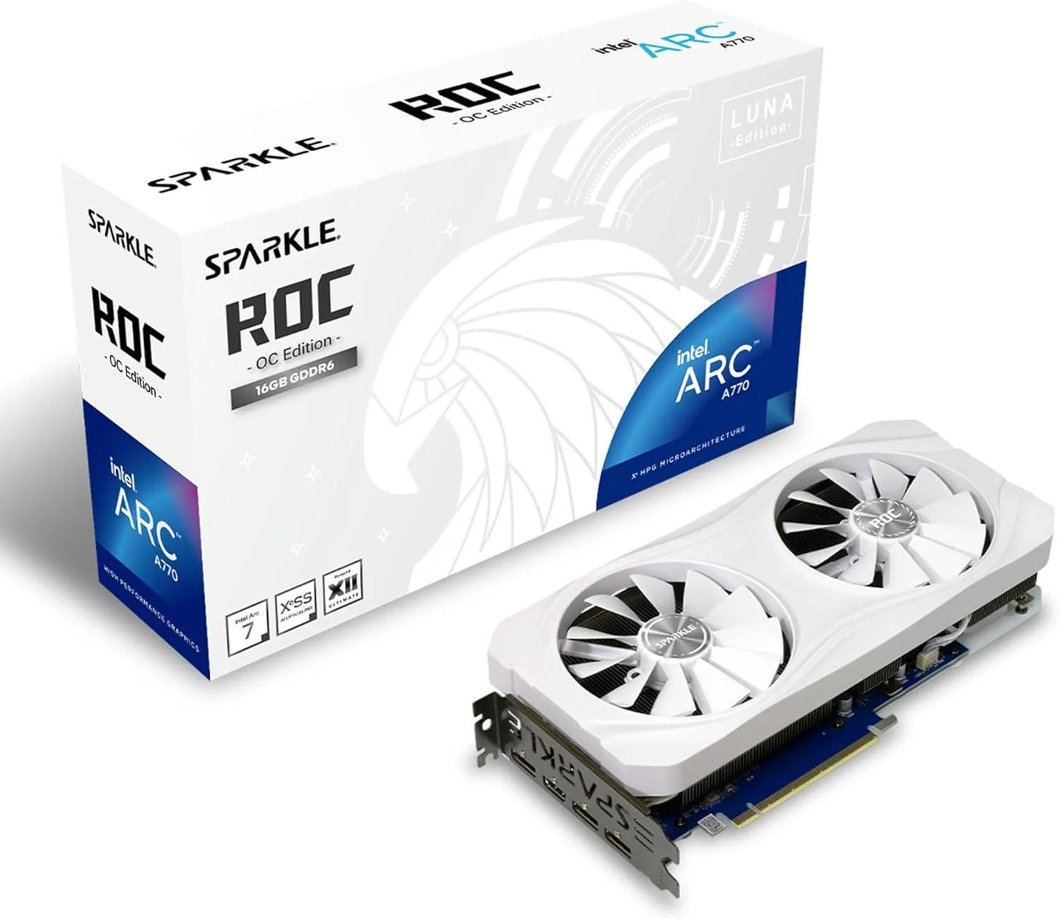 کارت گرافیک اسپارکل اینتل آرک A770 ROC Luna OC Edition با 16 گیگابایت حافظه GDDR6، دارای 2 فن 100 میلی‌متری DBB، 2.5 اسلات، بک پلیت فلزی، Luna White Edition، مدل SA770RW-16GOC